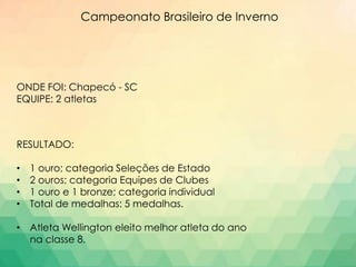 Campeonato Brasileiro de Inverno
ONDE FOI: Chapecó - SC
EQUIPE: 2 atletas
RESULTADO:
• 1 ouro; categoria Seleções de Estado
• 2 ouros; categoria Equipes de Clubes
• 1 ouro e 1 bronze; categoria individual
• Total de medalhas: 5 medalhas.
• Atleta Wellington eleito melhor atleta do ano
na classe 8.
 
