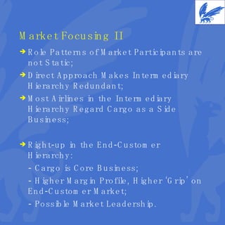 Market Focusing II Role Patterns of Market Participants are not Static; Direct Approach Makes Intermediary Hierarchy Redundant; Most Airlines in the Intermediary Hierarchy Regard Cargo as a Side Business; Right-up in the End-Customer Hierarchy: - Cargo is Core Business; - Higher Margin Profile, Higher ‘Grip’ on End-Customer Market; - Possible Market Leadership. 