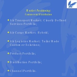 Market Positioning: Commercial Distribution Air Transport Market: Clearly Defined Services Portfolio; Air Cargo Market: Hybrid; Air Logistics Market: Tailor Made Customer Solutions; Product Portfolio; Distribution Portfolio; Channel Portfolio. 