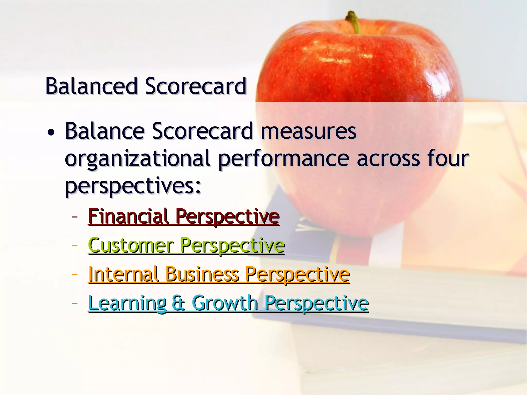 Balance Scorecard measures organizational performance across four perspectives: Financial Perspective Customer Perspective Internal Business Perspective Learning & Growth Perspective Balanced Scorecard 
