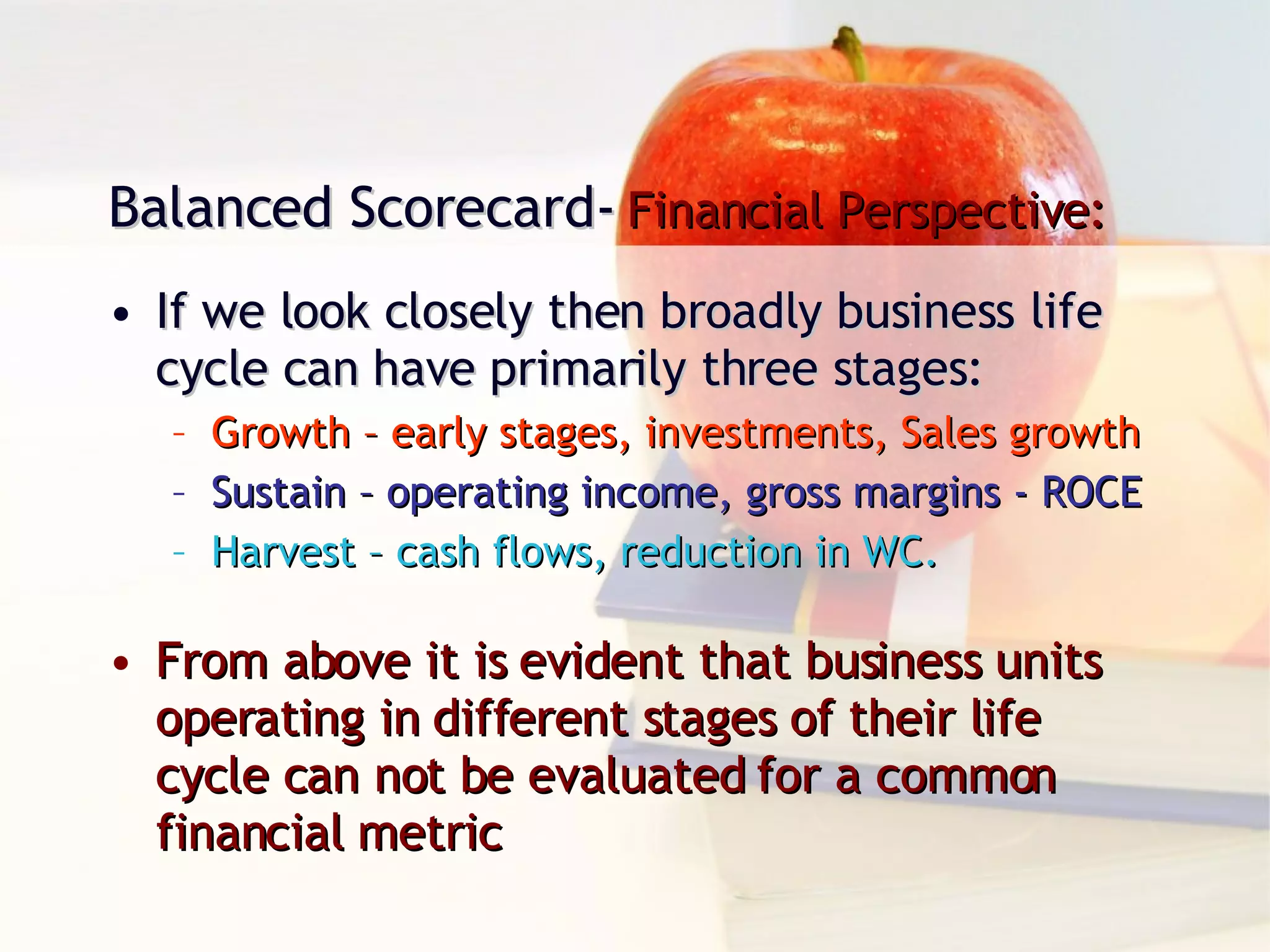 If we look closely then broadly business life cycle can have primarily three stages: Growth – early stages, investments, Sales growth Sustain – operating income, gross margins - ROCE Harvest – cash flows, reduction in WC. Balanced Scorecard-   Financial Perspective: From above it is evident that business units operating in different stages of their life cycle can not be evaluated for a common financial metric 