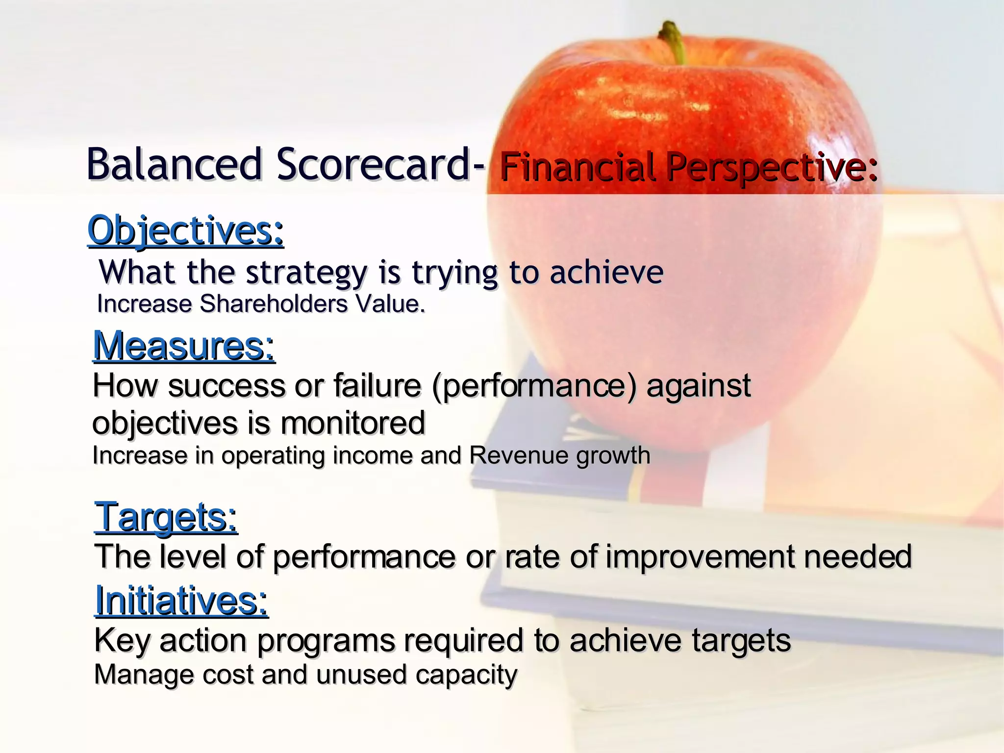 Objectives: What the strategy is trying to achieve Increase Shareholders Value. Balanced Scorecard-  Financial Perspective: Measures: How success or failure (performance) against  objectives is monitored Increase in operating income and Revenue growth Targets: The level of performance or rate of improvement needed Initiatives: Key action programs required to achieve targets Manage cost and unused capacity 