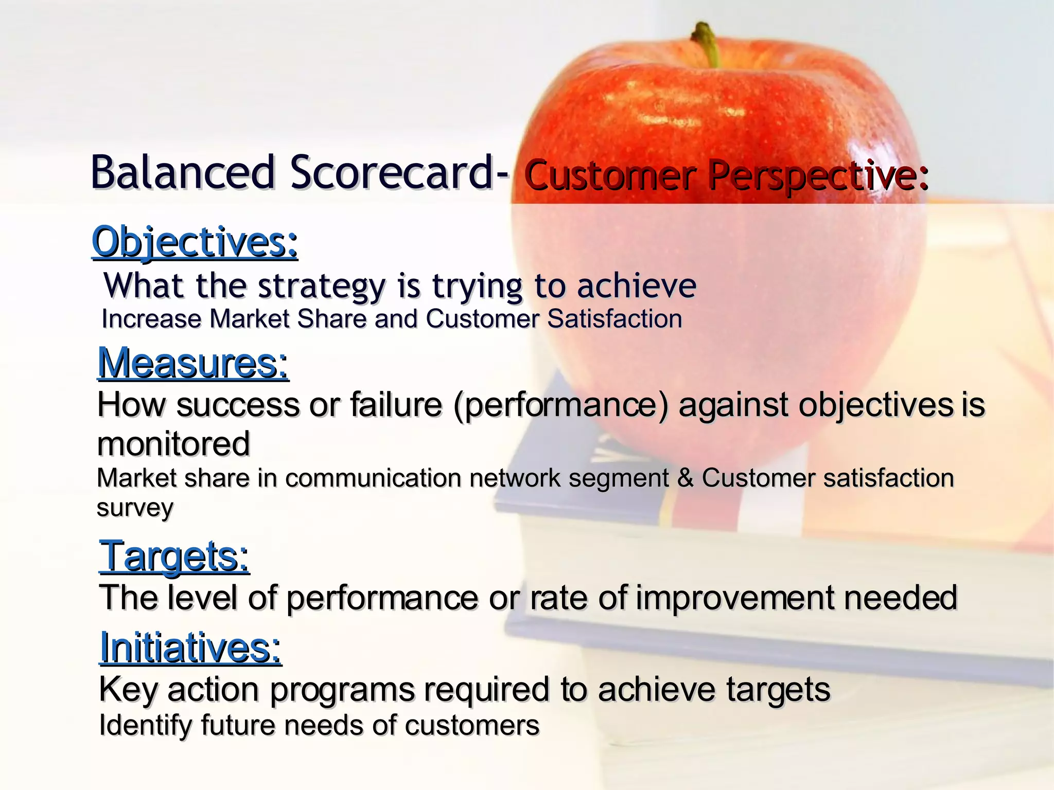 Objectives: What the strategy is trying to achieve Increase Market Share and Customer Satisfaction Measures: How success or failure (performance) against objectives is monitored Market share in communication network segment & Customer satisfaction survey Targets: The level of performance or rate of improvement needed Initiatives: Key action programs required to achieve targets Identify future needs of customers Balanced Scorecard-  Customer Perspective: 