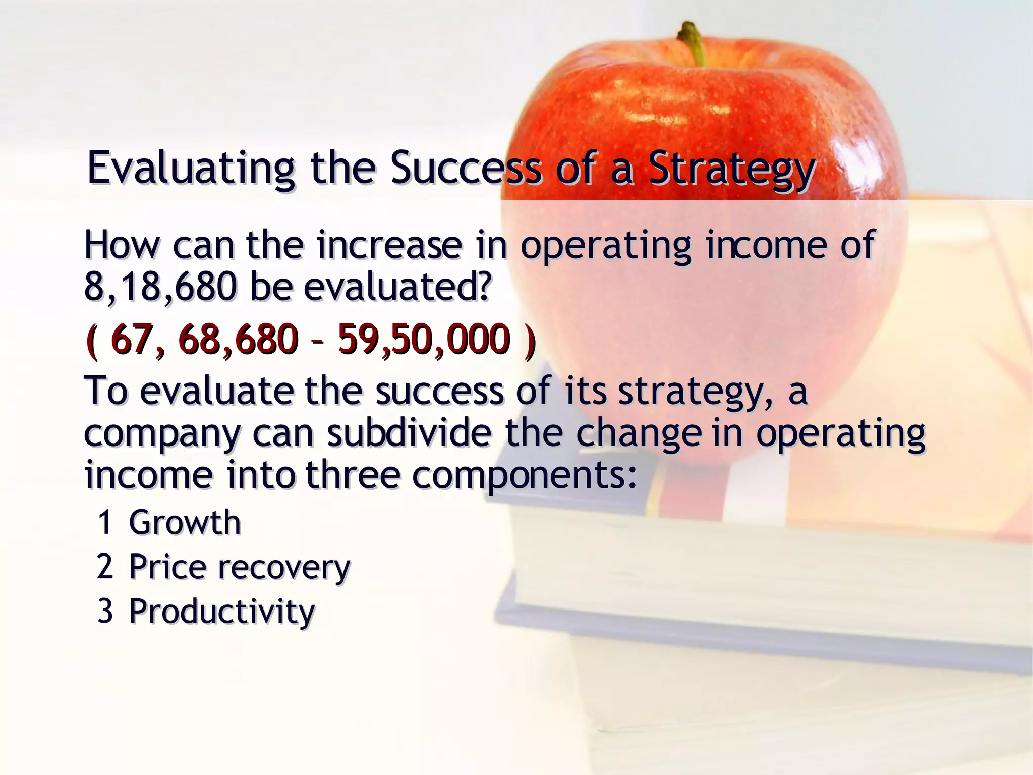 Evaluating the Success of a Strategy How can the increase in operating income of 8,18,680 be evaluated? ( 67, 68,680 – 59,50,000 ) To evaluate the success of its strategy, a company can subdivide the change in operating income into three components: Growth Price recovery Productivity 