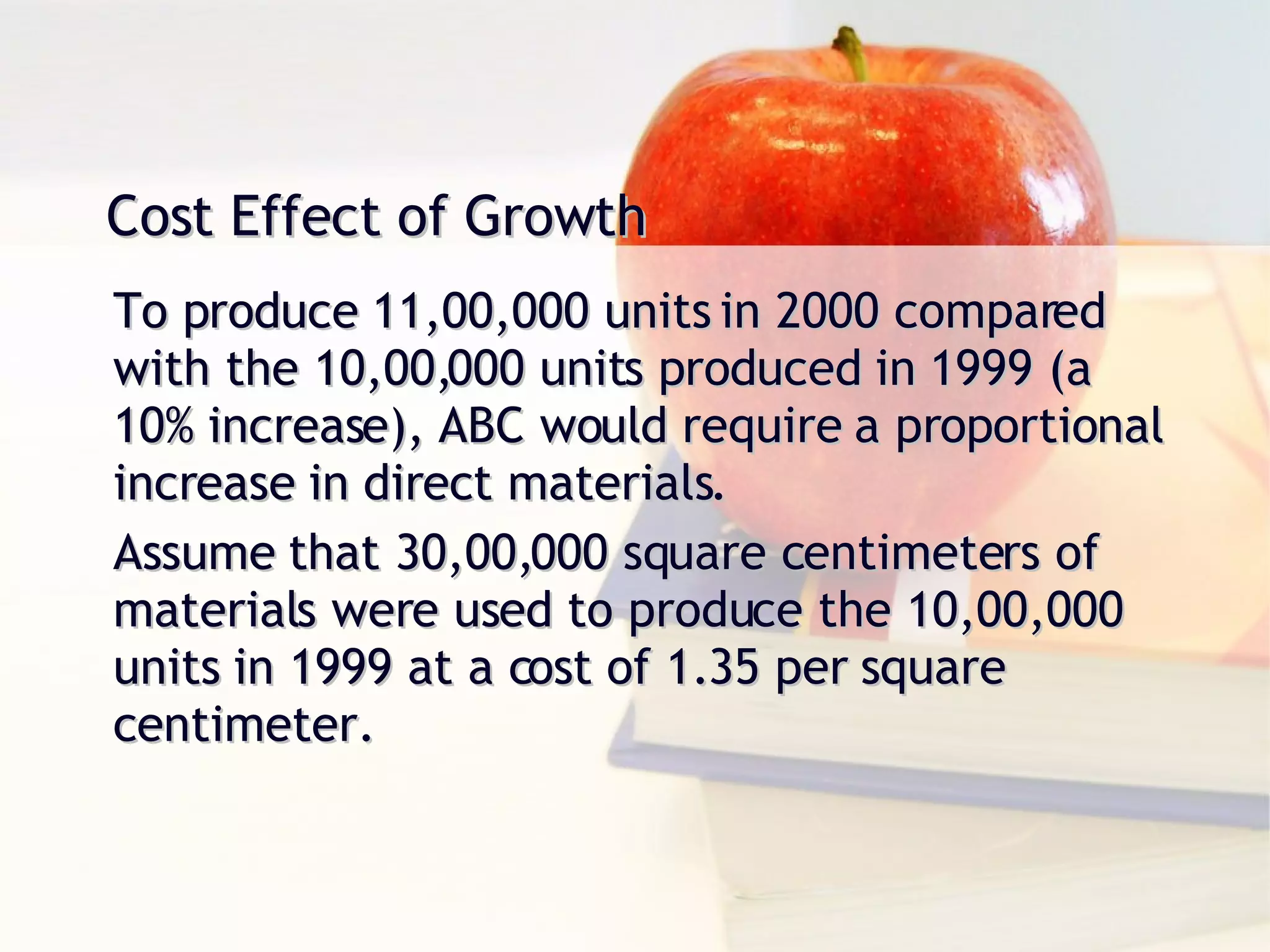 Cost Effect of Growth To produce 11,00,000 units in 2000 compared with the 10,00,000 units produced in 1999 (a 10% increase), ABC would require a proportional increase in direct materials. Assume that 30,00,000 square centimeters of materials were used to produce the 10,00,000 units in 1999 at a cost of 1.35 per square centimeter. 