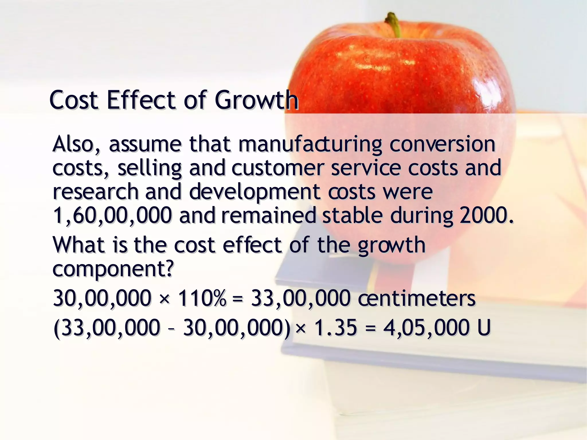 Cost Effect of Growth Also, assume that manufacturing conversion costs, selling and customer service costs and research and development costs were 1,60,00,000 and remained stable during 2000. What is the cost effect of the growth component? 30,00,000 × 110% = 33,00,000 centimeters (33,00,000 – 30,00,000) × 1.35 = 4,05,000 U 