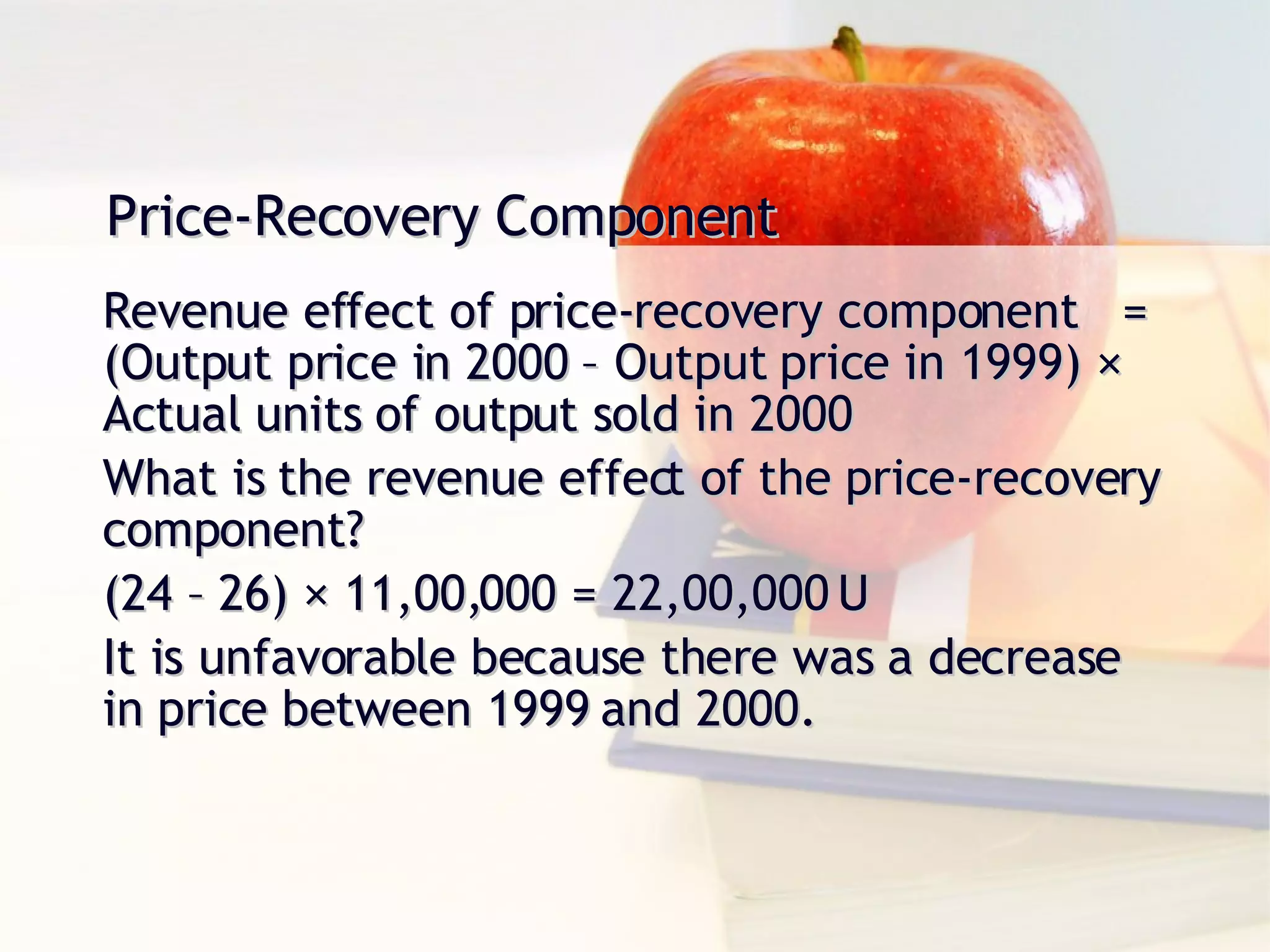 Price-Recovery Component Revenue effect of price-recovery component  = (Output price in 2000 – Output price in 1999) × Actual units of output sold in 2000 What is the revenue effect of the price-recovery component? (24 – 26) × 11,00,000 = 22,00,000 U It is unfavorable because there was a decrease in price between 1999 and 2000. 