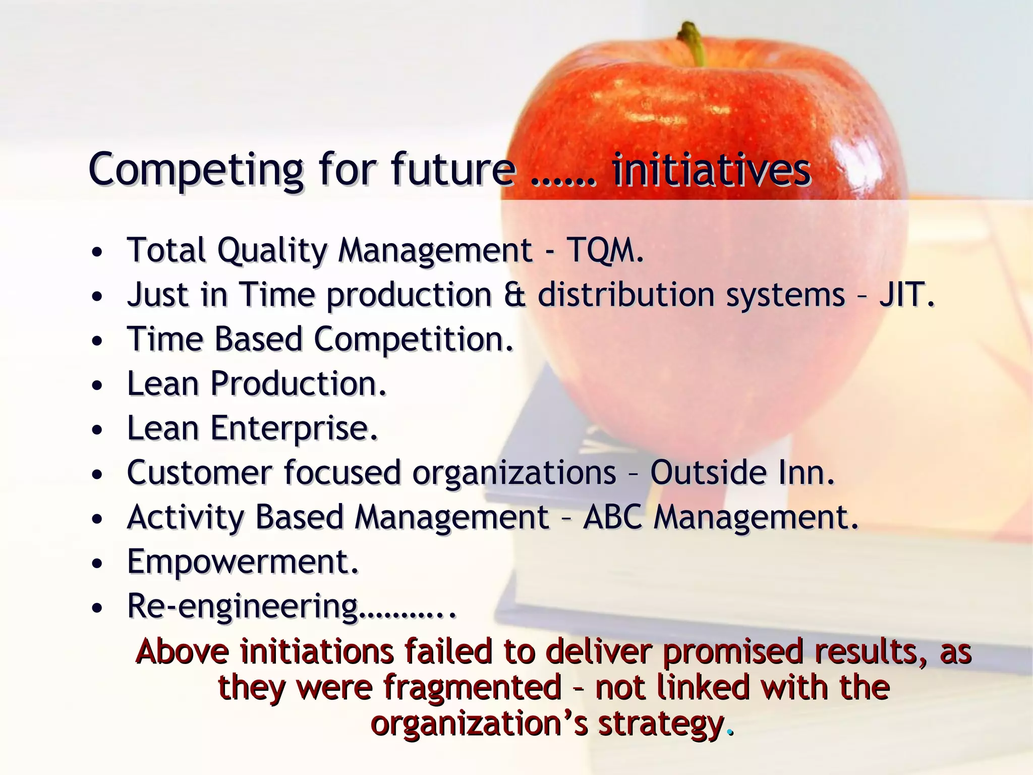 Total Quality Management - TQM. Just in Time production & distribution systems – JIT. Time Based Competition. Lean Production. Lean Enterprise. Customer focused organizations – Outside Inn. Activity Based Management – ABC Management. Empowerment. Re-engineering……….. Above initiations failed to deliver promised results, as they were fragmented –   not linked with the organization’s strategy . Competing for future …… initiatives 