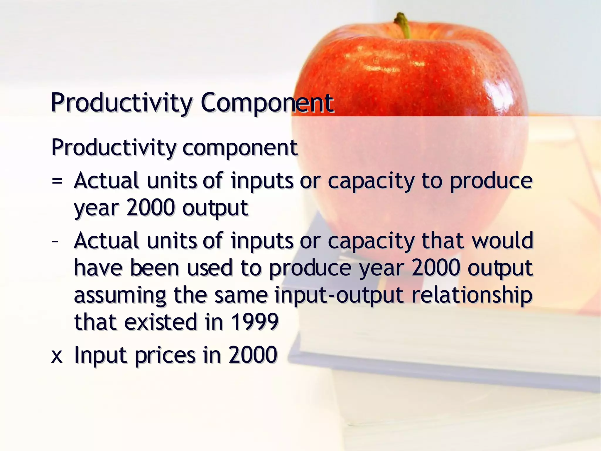 Productivity Component Productivity component  Actual units of inputs or capacity to produce year 2000 output Actual units of inputs or capacity that would have been used to produce year 2000 output assuming the same input-output relationship that existed in 1999 Input prices in 2000 