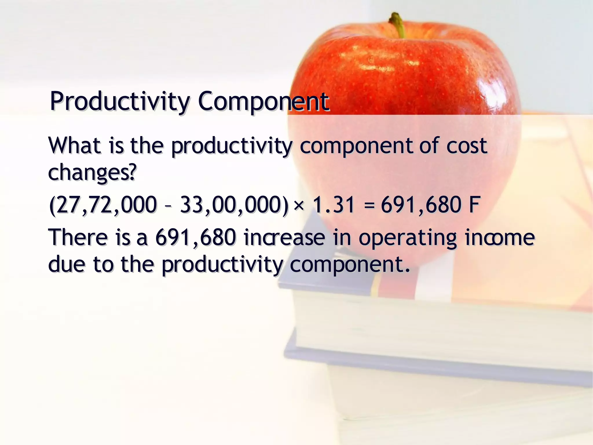 Productivity Component What is the productivity component of cost changes? (27,72,000 – 33,00,000) × 1.31 = 691,680 F There is a 691,680 increase in operating income due to the productivity component. 