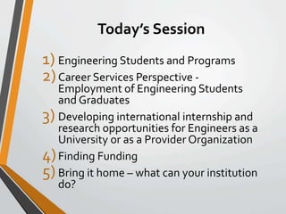 Today’s Session 
1) Engineering Students and Programs 
2) Career Services Perspective - 
Employment of Engineering Student...