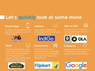 Let’s quickly look at some more
Phone Apps
Up-Selling: Free apps lead to in app
purchases for premium content or
ad free content.
Airlines
Cross-selling: Complimentary
products get their free product. Be
it a free seat or a meal.
Softwares
Google’s answer to Microsoft Office
is completely free & its primary
revenue model is advertisements.
WoW
A popular pay2play online game
faced problems when competitors
came up with similar games for
free. The game went the
freemium route & has the highest
market share after 4 years.
Ecommerce
Ecommerce firms in India
compete fiercely & use strategies
like bundling to get a competitive
advantage. Brand plays a very
small role here.
Uber vs Ola
They offer free first rides & the
like to induce product trials. This is
a form of Up-Selling.
 