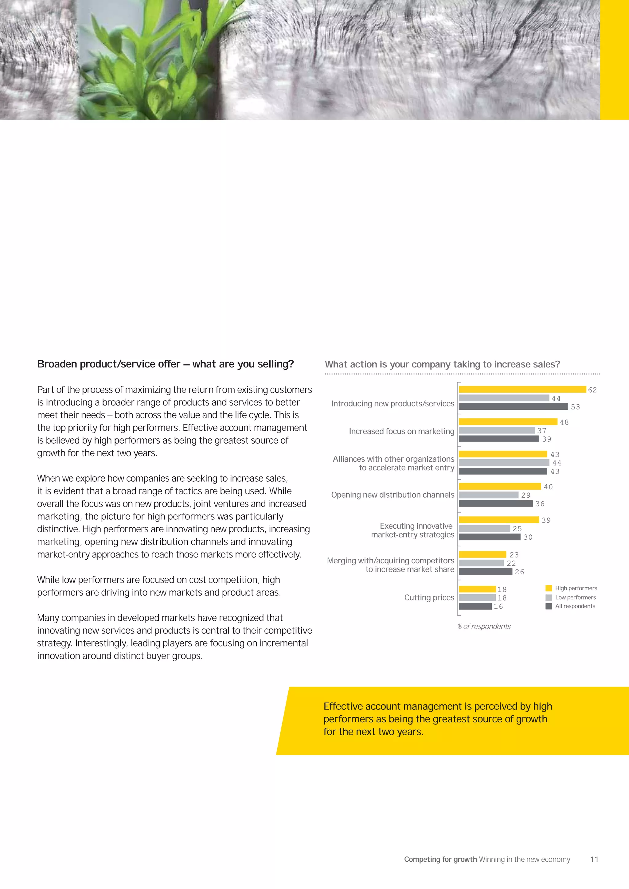 Broaden product/service offer — what are you selling?                  What action is your company taking to increase sales?

Part of the process of maximizing the return from existing customers                                                                                       62
                                                                                                                                                44
is introducing a broader range of products and services to better       Introducing new products/services                                             53
meet their needs — both across the value and the life cycle. This is
                                                                                                                                                 48
the top priority for high performers. Effective account management          Increased focus on marketing                                  37
is believed by high performers as being the greatest source of                                                                             39
growth for the next two years.                                                                                                                 43
                                                                        Alliances with other organizations                                     44
                                                                                to accelerate market entry                                     43
When we explore how companies are seeking to increase sales,
                                                                                                                                           40
it is evident that a broad range of tactics are being used. While       Opening new distribution channels                        29
overall the focus was on new products, joint ventures and increased                                                                       36
marketing, the picture for high performers was particularly                                                                                39
distinctive. High performers are innovating new products, increasing               Executing innovative                         25
                                                                                  market-entry strategies                            30
marketing, opening new distribution channels and innovating
market-entry approaches to reach those markets more effectively.                                                            23
                                                                       Merging with/acquiring competitors                  22
                                                                                 to increase market share                    26
While low performers are focused on cost competition, high
                                                                                                                        18                      High performers
performers are driving into new markets and product areas.                                 Cutting prices               18                      Low performers
                                                                                                                       16                       All respondents

Many companies in developed markets have recognized that
                                                                                                             % of respondents
innovating new services and products is central to their competitive
strategy. Interestingly, leading players are focusing on incremental
innovation around distinct buyer groups.




                                                                       Effective account management is perceived by high
                                                                       performers as being the greatest source of growth
                                                                       for the next two years.




                                                                                           Competing for growth Winning in the new economy                  11
 