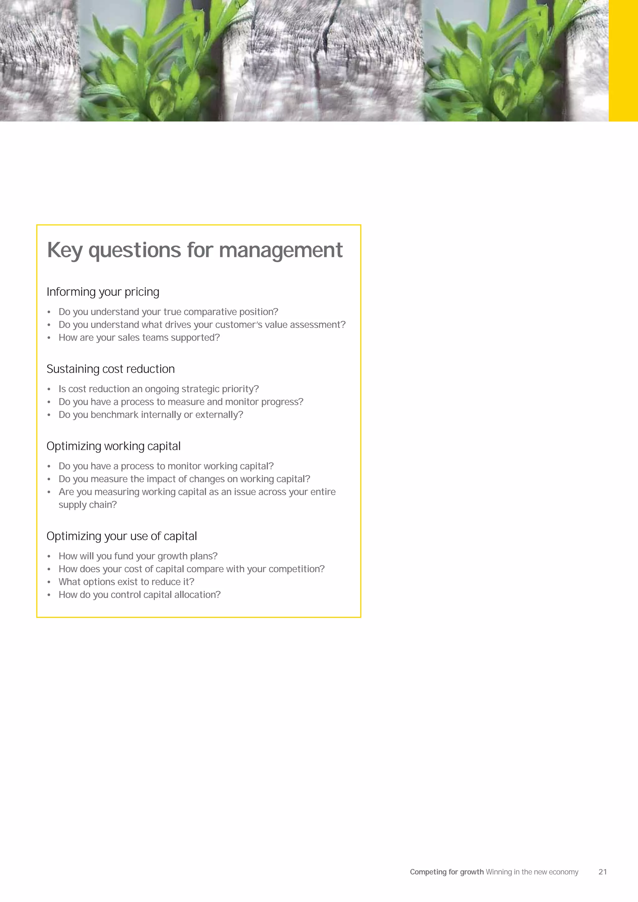 Key questions for management
Informing your pricing
• Do you understand your true comparative position?
• Do you understand what drives your customer’s value assessment?
• How are your sales teams supported?


Sustaining cost reduction
• Is cost reduction an ongoing strategic priority?
• Do you have a process to measure and monitor progress?
• Do you benchmark internally or externally?


Optimizing working capital
• Do you have a process to monitor working capital?
• Do you measure the impact of changes on working capital?
• Are you measuring working capital as an issue across your entire
    supply chain?


Optimizing your use of capital
•   How will you fund your growth plans?
•   How does your cost of capital compare with your competition?
•   What options exist to reduce it?
•   How do you control capital allocation?




                                                                     Competing for growth Winning in the new economy   21
 