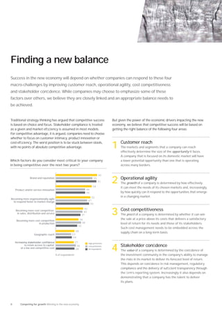 Finding a new balance
Success in the new economy will depend on whether companies can respond to these four
macro-challenges by improving customer reach, operational agility, cost competitiveness
and stakeholder conﬁdence. While companies may choose to emphasize some of these
factors over others, we believe they are closely linked and an appropriate balance needs to
be achieved.


Traditional strategy thinking has argued that competitive success                           But given the power of the economic drivers impacting the new
is based on choice and focus. Stakeholder compliance is treated                             economy, we believe that competitive success will be based on
as a given and market efﬁciency is assumed in most models.                                  getting the right balance of the following four areas:
For competitive advantage, it is argued, companies need to choose
whether to focus on customer intimacy, product innovation or
cost-efﬁciency. The worst position is to be stuck between stools,
with no points of absolute competitive advantage.                                           1 Customer reach
                                                                                                 The markets and segments that a company can reach
                                                                                                 effectively determine the size of the opportunity it faces.
                                                                                                 A company that is focused on its domestic market will have
Which factors do you consider most critical to your company                                      a lower potential opportunity than one that is operating
in being competitive over the next two years?                                                    across many borders.


                                                                                     62
                Brand and reputation                                           55


                                                                              54
                                                                                    61      2 Operational agility
                                                                                                 The growth of a company is determined by how effectively
                                                                                                 it can meet the needs of its chosen markets and, increasingly,
    Product and/or service innovation                                 44
                                                                      44                         by how quickly can it respond to the opportunities that emerge
                                                                             52                  in a changing market.
Becoming more organizationally agile
  to respond faster to market change                                      47
                                                                           50


                                                                                            3 Cost competitiveness
                                                                     41
    Becoming more cost competitive                                  40
     in sales, distribution and service                                                          The proﬁt of a company is determined by whether it can win
                                                                   37
                                                               34                                the sale at a price above its costs that delivers a satisfactory
    Becoming more cost competitive
                     in production                               38                              level of return for its needs and those of its stakeholders.
                                                              32
                                                                                                 Such cost management needs to be embedded across the
                                                           28
                                                                                                 supply chain on a long-term basis.
                    Geographic reach                    23
                                                         24
                                                             27           High performers
           to retain access to capital
        at a low and competitive cost

                                          % of respondents
                                                              30
                                                             28
                                                                          Low performers
                                                                          All respondents
                                                                                            4 Stakeholder conﬁdence
                                                                                                 The value of a company is determined by the conﬁdence of
                                                                                                 the investment community in the company’s ability to manage
                                                                                                 the risks in its market to deliver its forecast level of return.
                                                                                                 This depends on conﬁdence in risk management, regulatory
                                                                                                 compliance and the delivery of sufﬁcient transparency through
                                                                                                 the ﬁrm’s reporting system. Increasingly it also depends on
                                                                                                 demonstrating that a company has the talent to deliver
                                                                                                 its plans.




8       Competing for growth Winning in the new economy
 