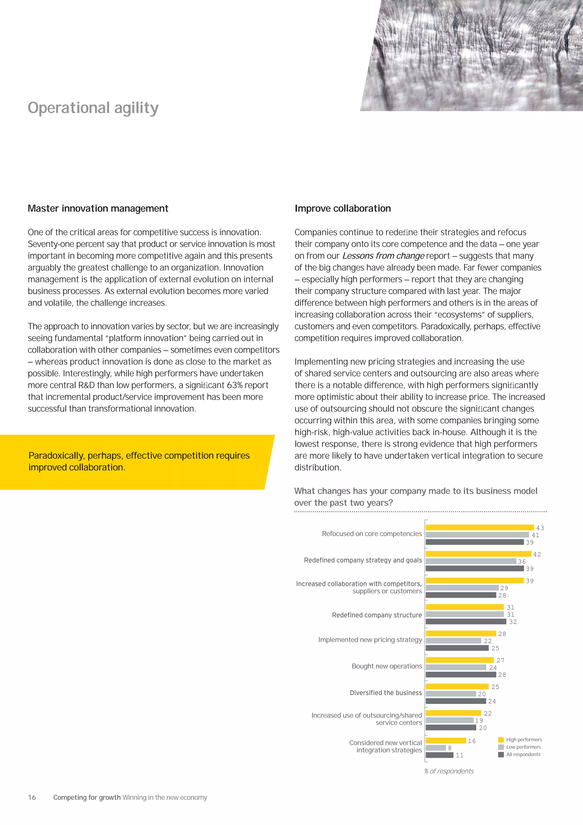 Operational agility




Master innovation management                                           Improve collaboration

One of the critical areas for competitive success is innovation.       Companies continue to redeﬁne their strategies and refocus
Seventy-one percent say that product or service innovation is most     their company onto its core competence and the data — one year
important in becoming more competitive again and this presents         on from our Lessons from change report — suggests that many
arguably the greatest challenge to an organization. Innovation         of the big changes have already been made. Far fewer companies
management is the application of external evolution on internal        — especially high performers — report that they are changing
business processes. As external evolution becomes more varied          their company structure compared with last year. The major
and volatile, the challenge increases.                                 difference between high performers and others is in the areas of
                                                                       increasing collaboration across their “ecosystems” of suppliers,
The approach to innovation varies by sector, but we are increasingly   customers and even competitors. Paradoxically, perhaps, effective
seeing fundamental “platform innovation” being carried out in          competition requires improved collaboration.
collaboration with other companies — sometimes even competitors
— whereas product innovation is done as close to the market as         Implementing new pricing strategies and increasing the use
possible. Interestingly, while high performers have undertaken         of shared service centers and outsourcing are also areas where
more central R&D than low performers, a signiﬁcant 63% report          there is a notable difference, with high performers signiﬁcantly
that incremental product/service improvement has been more             more optimistic about their ability to increase price. The increased
successful than transformational innovation.                           use of outsourcing should not obscure the signiﬁcant changes
                                                                       occurring within this area, with some companies bringing some
                                                                       high-risk, high-value activities back in-house. Although it is the
                                                                       lowest response, there is strong evidence that high performers
Paradoxically, perhaps, effective competition requires                 are more likely to have undertaken vertical integration to secure
improved collaboration.                                                distribution.

                                                                       What changes has your company made to its business model
                                                                       over the past two years?

                                                                                                                                                               43
                                                                              Refocused on core competencies                                                 41
                                                                                                                                                            39
                                                                                                                                                              42
                                                                                                                                                          36
                                                                                                                                                            39
                                                                                                                                                            39
                                                                                        suppliers or customers                                   29
                                                                                                                                                 28
                                                                                                                                                    31
                                                                                                                                                    31
                                                                                                                                                     32
                                                                                                                                            28
                                                                             Implemented new pricing strategy                           22
                                                                                                                                          25
                                                                                                                                              27
                                                                                        Bought new operations                               24
                                                                                                                                               28
                                                                                                                                            25
                                                                                                                                       20
                                                                                                                                            24

                                                                           Increased use of outsourcing/shared                          22
                                                                                                service centers                      19
                                                                                                                                      20
                                                                                                                                  16                High performers
                                                                                       Considered new vertical
                                                                                         integration strategies          8                          Low performers
                                                                                                                             11                     All respondents


                                                                                                                  % of respondents


16    Competing for growth Winning in the new economy
 