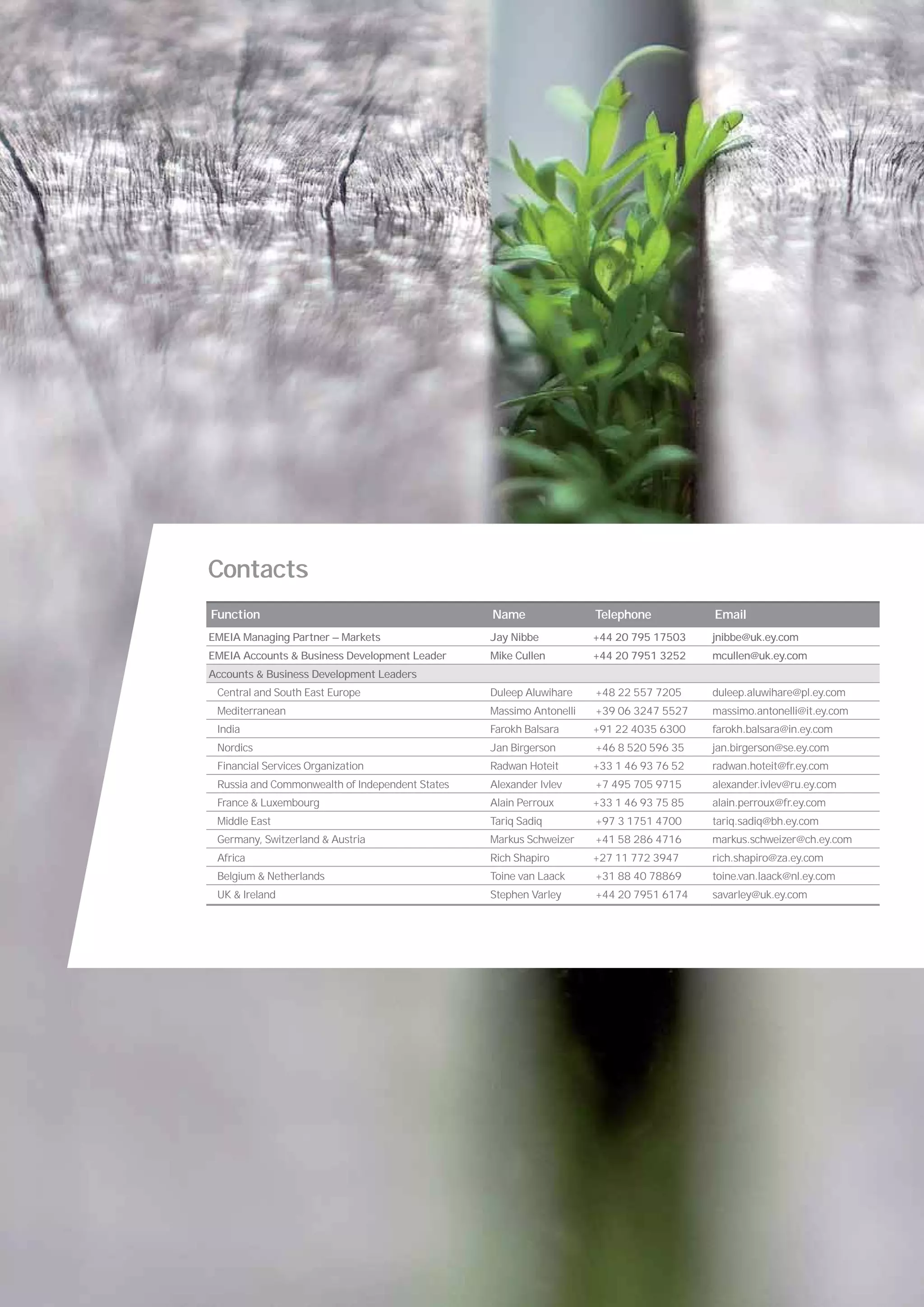 Contacts
Function                                         Name                Telephone           Email
EMEIA Managing Partner — Markets                 Jay Nibbe           +44 20 795 17503    jnibbe@uk.ey.com
EMEIA Accounts & Business Development Leader     Mike Cullen         +44 20 7951 3252    mcullen@uk.ey.com
Accounts & Business Development Leaders
 Central and South East Europe                   Duleep Aluwihare    +48 22 557 7205     duleep.aluwihare@pl.ey.com
 Mediterranean                                   Massimo Antonelli   +39 06 3247 5527    massimo.antonelli@it.ey.com
 India                                           Farokh Balsara      +91 22 4035 6300    farokh.balsara@in.ey.com
 Nordics                                         Jan Birgerson       +46 8 520 596 35    jan.birgerson@se.ey.com
 Financial Services Organization                 Radwan Hoteit       +33 1 46 93 76 52   radwan.hoteit@fr.ey.com
 Russia and Commonwealth of Independent States   Alexander Ivlev     +7 495 705 9715     alexander.ivlev@ru.ey.com
 France & Luxembourg                             Alain Perroux       +33 1 46 93 75 85   alain.perroux@fr.ey.com
 Middle East                                     Tariq Sadiq         +97 3 1751 4700     tariq.sadiq@bh.ey.com
 Germany, Switzerland & Austria                  Markus Schweizer    +41 58 286 4716     markus.schweizer@ch.ey.com
 Africa                                          Rich Shapiro        +27 11 772 3947     rich.shapiro@za.ey.com
 Belgium & Netherlands                           Toine van Laack     +31 88 40 78869     toine.van.laack@nl.ey.com
 UK & Ireland                                    Stephen Varley      +44 20 7951 6174    savarley@uk.ey.com
 