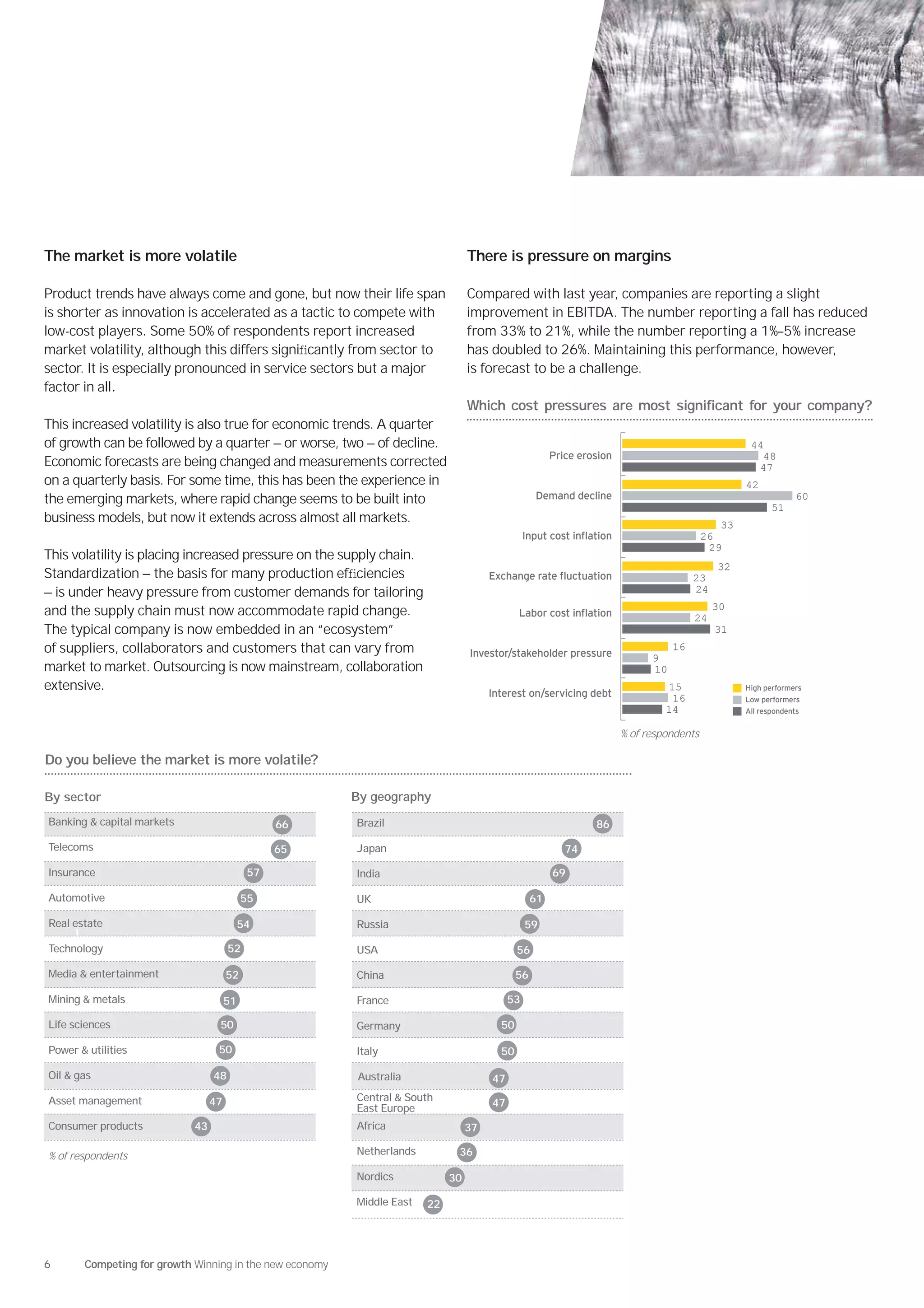 The market is more volatile                                                      There is pressure on margins

Product trends have always come and gone, but now their life span                Compared with last year, companies are reporting a slight
is shorter as innovation is accelerated as a tactic to compete with              improvement in EBITDA. The number reporting a fall has reduced
low-cost players. Some 50% of respondents report increased                       from 33% to 21%, while the number reporting a 1%–5% increase
market volatility, although this differs signiﬁcantly from sector to             has doubled to 26%. Maintaining this performance, however,
sector. It is especially pronounced in service sectors but a major               is forecast to be a challenge.
factor in all.
                                                                                 Which cost pressures are most significant for your company?
This increased volatility is also true for economic trends. A quarter
of growth can be followed by a quarter — or worse, two — of decline.                                                                               44
                                                                                                       Price erosion                                 48
Economic forecasts are being changed and measurements corrected                                                                                     47
on a quarterly basis. For some time, this has been the experience in                                                                              42
the emerging markets, where rapid change seems to be built into                                   Demand decline                                               60
                                                                                                                                                         51
business models, but now it extends across almost all markets.                                                                               33
                                                                                                Input cost in ation                       26
                                                                                                                                           29
This volatility is placing increased pressure on the supply chain.
                                                                                                                                            32
Standardization — the basis for many production efﬁciencies                             change rate uctuation                          23
— is under heavy pressure from customer demands for tailoring                                                                          24

and the supply chain must now accommodate rapid change.                                                                                     30
                                                                                                abor cost in ation                     24
The typical company is now embedded in an “ecosystem”                                                                                       31
of suppliers, collaborators and customers that can vary from                     Investor/stakeholder pressure
                                                                                                                                  16
                                                                                                                             9
market to market. Outsourcing is now mainstream, collaboration                                                               10
extensive.                                                                            Interest on/servicing debt
                                                                                                                                15                High performers
                                                                                                                                 16               Low performers
                                                                                                                                14                All respondents


                                                                                                                       % of respondents

Do you believe the market is more volatile?

By sector                                                By geography
Banking & capital markets                        66      Brazil                                                 86

Telecoms                                         65      Japan                                            74

Insurance                                   57           India                                         69

Automotive                                 55            UK                                       61

Real estate                                54            Russia                                 59

Technology                            52                 USA                                 56

Media & entertainment                 52                 China                               56

Mining & metals                       51                 France                            53

Life sciences                     50                     Germany                        50

Power & utilities                 50                     Italy                          50

Oil & gas                        48                      Australia                    47

Asset management                 47                      Central & South
                                                         East Europe                  47

Consumer products           43                           Africa                  37

% of respondents                                         Netherlands         36

                                                         Nordics            30

                                                         Middle East   22




6      Competing for growth Winning in the new economy
 