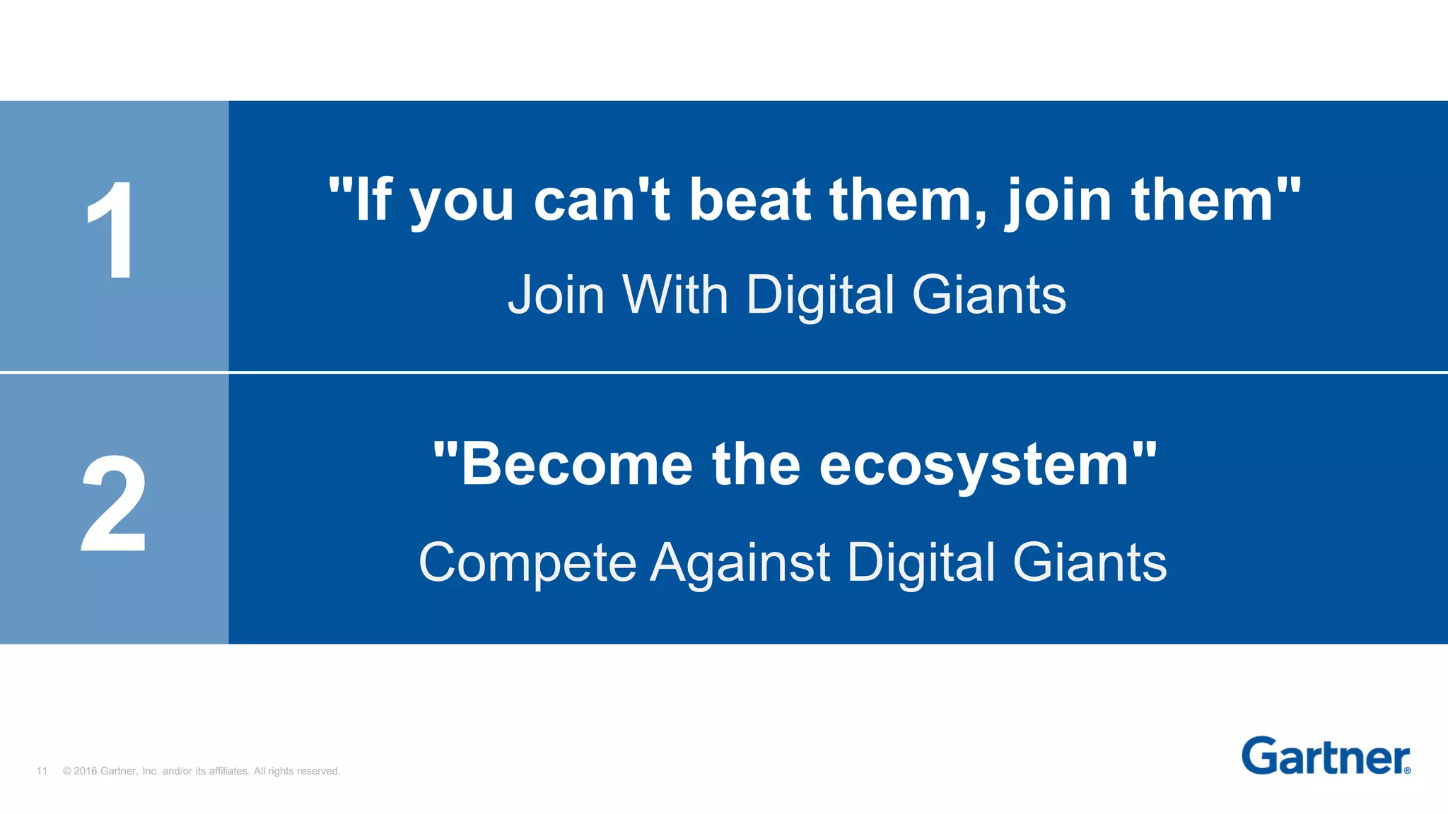 11 © 2016 Gartner, Inc. and/or its affiliates. All rights reserved.
Compete Against Digital Giants
"Become the ecosystem"
2
1 "If you can't beat them, join them"
Join With Digital Giants
 