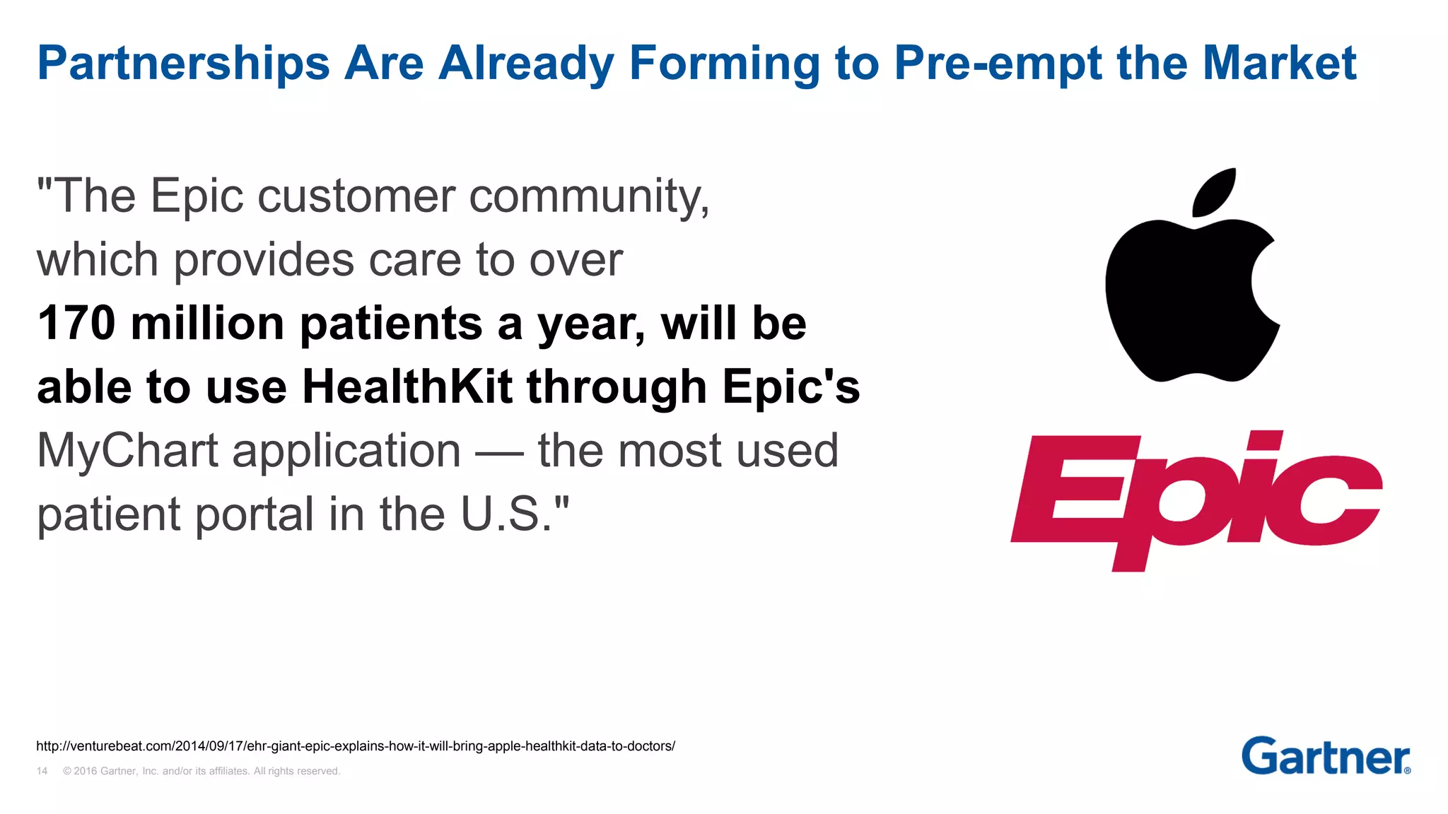 14 © 2016 Gartner, Inc. and/or its affiliates. All rights reserved.
Partnerships Are Already Forming to Pre-empt the Market
"The Epic customer community,
which provides care to over
170 million patients a year, will be
able to use HealthKit through Epic's
MyChart application — the most used
patient portal in the U.S."
http://venturebeat.com/2014/09/17/ehr-giant-epic-explains-how-it-will-bring-apple-healthkit-data-to-doctors/
 