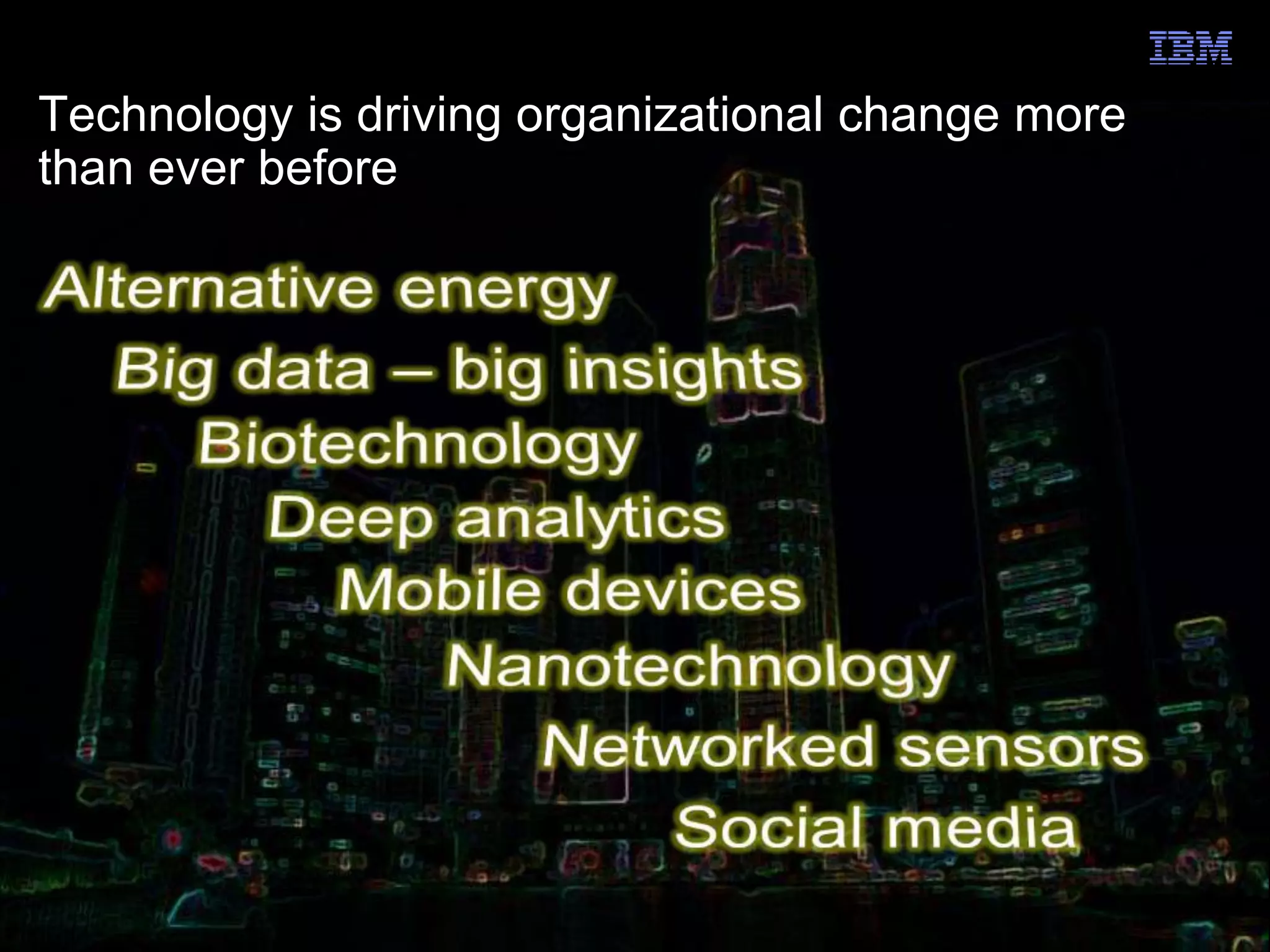 Technology is driving organizational change more
than ever before




11                                           © 2012 IBM Corporation
 