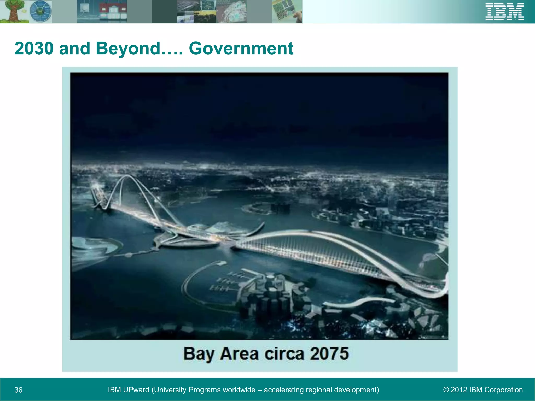2030 and Beyond…. Government




36       IBM UPward (University Programs worldwide – accelerating regional development)   © 2012 IBM Corporation
 