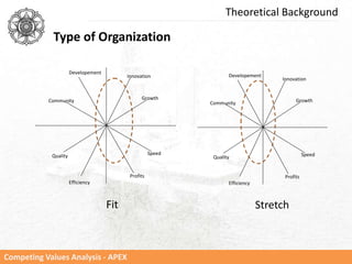 Competing Values Analysis - APEX
Innovation
Growth
Speed
Profits
Efficiency
Quality
Community
Developement
Fit
Innovation
Growth
Speed
Profits
Efficiency
Quality
Community
Developement
Stretch
Type of Organization
Theoretical Background
 