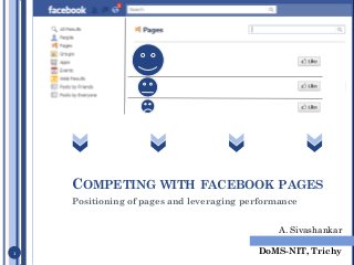 COMPETING WITH FACEBOOK PAGES
    Positioning of pages and leveraging performance


                                               A. Sivashankar
                                                      (215109023)
1                                         DoMS-NIT, Trichy
 