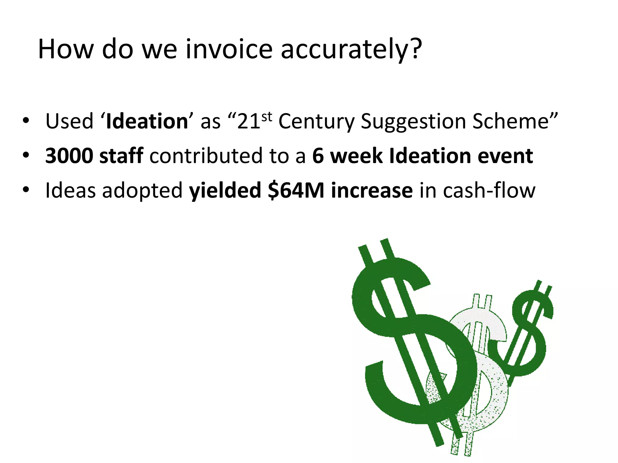 How do we invoice accurately?

• Used ‘Ideation’ as “21st Century Suggestion Scheme”
• 3000 staff contributed to a 6 week Ideation event
• Ideas adopted yielded $64M increase in cash-flow
 