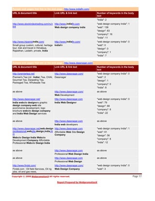 Sample web pages that link to the web page "http://www.indiafin.com/"
URL & document title                       Link URL & link text            Number of keywords in the body
                                                                           text
                                                                           "India": 2
http://www.stockindextrading.com/rs.h http://www.indiafin.com              "web design company India": 1
tml                                   Web design company india             "web": 138
                                                                           "design": 83
                                                                           "company": 16
                                                                           "India": 11
http://www.tripsintoindia.com/         http://www.indiafin.com/            "web design company India": 0
Small group custom, cultural, heritage Indiafin                            "web": 0
tour, trek and travel in Himalaya,                                         "design": 0
Rajasthan, Ladakh, private, India
                                                                           "company": 1
                                                                           "India": 7


Sample web pages that link to the web page "http://www.dassnagar.com/"
URL & document title                       Link URL & link text            Number of keywords in the body
                                                                           text
http://premiertea.net/                http://www.dassnagar.com/            "web design company India": 0
Premier's Tea Ltd : Indian Tea, CHAI, Dassnagar                            "web": 2
Gourmet Tea, Darjeeling Tea,                                               "design": 1
Packaged Tea, Wholesale Tea
                                                                           "company": 0
                                                                           "India": 8
as above                                   http://www.dassnagar.com/       as above
                                           Web Development
http://www.dassnagar.net/                  http://www.dassnagar.com        "web design company India": 0
India website designers graphic            India Web Designer              "web": 79
design company-web site                                                    "design": 68
ecommerce development, logo
                                                                           "company": 8
brochure website design company
and India Web Design services                                              "India": 22


as above                                   http://www.dassnagar.com        as above
                                           India web developers
http://www.dassnagar.net/web-design http://www.dassnagar.com               "web design company India": 1
/professional-website-design-india.ht Affordable Web Site Design           "web": 61
m                                     Company                              "design": 56
Website Design India Website
                                                                           "company": 8
Development Company Affordable
Professional Website Design India                                          "India": 12


as above                                   http://www.dassnagar.com        as above
                                           Professional Web Design India
as above                                   http://www.dassnagar.com        as above
                                           Professional Web Design
http://www.findst.com/                     http://www.dassnagar.com/       "web design company India": 0
Findst.com : Oil field Services, Oil rig   Web Design Company              "web": 3


                                                                                                           Page 17
jobs, oil and gas news,
 