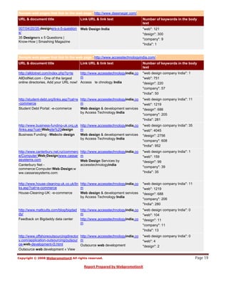 Sample web pages that link to the web page "http://www.dassnagar.com/"
URL & document title                   Link URL & link text                   Number of keywords in the body
                                                                              text
007/04/20/35-designers-x-5-question    Web Design India                       "web": 121
s/                                                                            "design": 300
35 Designers x 5 Questions |                                                  "company": 9
Know-How | Smashing Magazine
                                                                              "India": 1


Sample web pages that link to the web page "http://www.accesstechnologyindia.com/"
URL & document title                   Link URL & link text                   Number of keywords in the body
                                                                              text
http://alldotnet.com/index.php?q=te   http://www.accesstechnologyindia.co     "web design company India": 1
AllDotNet.com - One of the largest    m                                       "web": 751
online directories, Add your URL now! Access te chnology India                "design": 220
                                                                              "company": 57
                                                                              "India": 50
http://student-debt.org/links.asp?cat=e http://www.accesstechnologyindia.co   "web design company India": 11
-commerce                               m                                     "web": 1219
Student Debt Portal: -e-commerce        Web design & development services     "design": 686
                                        by Access Technology India
                                                                              "company": 205
                                                                              "India": 281
http://www.business-funding-uk.org.uk http://www.accesstechnologyindia.co     "web design company India": 35
/links.asp?cat=Website%20design       m                                       "web": 4045
Business Funding: -Website design     Web design & development services       "design": 2756
                                      by Access Technology India
                                                                              "company": 608
                                                                              "India": 952
http://www.canterbury.net.nz/commerc   http://www.accesstechnologyindia.co    "web design company India": 1
e/Computer:Web-Design/www.cassar       m                                      "web": 159
asystems.com                           Web Design Services by                 "design": 99
Canterbury Net -                       accesstechnologyindia
                                                                              "company": 39
commerce:Computer:Web-Design:w
ww.cassarasystems.com:                                                        "India": 35


http://www.house-cleaning-uk.co.uk/lin http://www.accesstechnologyindia.co    "web design company India": 11
ks.asp?cat=e-commerce                  m                                      "web": 1219
House-Cleaning-UK: -e-commerce         Web design & development services      "design": 688
                                       by Access Technology India
                                                                              "company": 206
                                                                              "India": 280
http://www.mattcutts.com/blog/bigdad   http://www.accesstechnologyindia.co    "web design company India": 0
dy/                                    m                                      "web": 104
Feedback on Bigdaddy data center       http://www.accesstechnologyindia.co    "design": 11
                                       m
                                                                              "company": 11
                                                                              "India": 13
http://www.offshoreoutsourcingdirector http://www.accesstechnologyindia.co    "web design company India": 0
y.com/application-outsourcing/outsour m                                       "web": 4
ce-web-development-l3.html             Outsource web development              "design": 2


                                                                                                               Page 19
Outsource web development « View
 