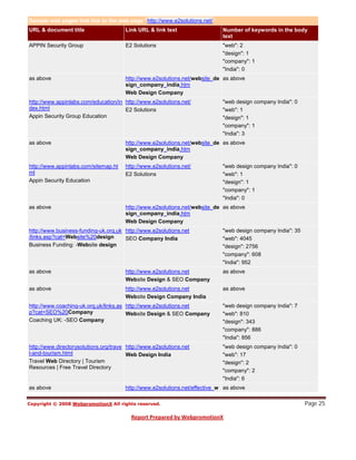 Sample web pages that link to the web page "http://www.e2solutions.net/"
URL & document title                   Link URL & link text                  Number of keywords in the body
                                                                             text
APPIN Security Group                   E2 Solutions                          "web": 2
                                                                             "design": 1
                                                                             "company": 1
                                                                             "India": 0
as above                               http://www.e2solutions.net/website_de as above
                                       sign_company_india.htm
                                       Web Design Company
http://www.appinlabs.com/education/in http://www.e2solutions.net/            "web design company India": 0
dex.html                              E2 Solutions                           "web": 1
Appin Security Group Education                                               "design": 1
                                                                             "company": 1
                                                                             "India": 3
as above                               http://www.e2solutions.net/website_de as above
                                       sign_company_india.htm
                                       Web Design Company
http://www.appinlabs.com/sitemap.ht    http://www.e2solutions.net/           "web design company India": 0
ml                                     E2 Solutions                          "web": 1
Appin Security Education                                                     "design": 1
                                                                             "company": 1
                                                                             "India": 0
as above                               http://www.e2solutions.net/website_de as above
                                       sign_company_india.htm
                                       Web Design Company
http://www.business-funding-uk.org.uk http://www.e2solutions.net             "web design company India": 35
/links.asp?cat=Website%20design       SEO Company India                      "web": 4045
Business Funding: -Website design                                            "design": 2756
                                                                             "company": 608
                                                                             "India": 952
as above                               http://www.e2solutions.net            as above
                                       Website Design & SEO Company
as above                               http://www.e2solutions.net            as above
                                       Website Design Company India
http://www.coaching-uk.org.uk/links.as http://www.e2solutions.net            "web design company India": 7
p?cat=SEO%20Company                    Website Design & SEO Company          "web": 810
Coaching UK: -SEO Company                                                    "design": 343
                                                                             "company": 886
                                                                             "India": 856
http://www.directorysolutions.org/trave http://www.e2solutions.net           "web design company India": 0
l-and-tourism.html                      Web Design India                     "web": 17
Travel Web Directory | Tourism                                               "design": 2
Resources | Free Travel Directory
                                                                             "company": 2
                                                                             "India": 6
as above                               http://www.e2solutions.net/effective_w as above

                                                                                                              Page 25
 