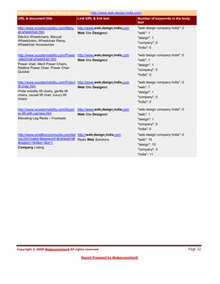 Sample web pages that link to the web page "http://www.web-design-india.com/"
URL & document title                   Link URL & link text              Number of keywords in the body
                                                                         text
http://www.scootermobility.com/Manu    http://www.web-design-india.com   "web design company India": 0
al-wheelchair.htm                      Web Site Designed                 "web": 1
Electric Wheelchairs, Manual                                             "design": 1
Wheelchairs, Wheelchair Ramp,
                                                                         "company": 0
Wheelchair Accessories
                                                                         "India": 0

http://www.scootermobility.com/Power http://www.web-design-india.com     "web design company India": 0
-electrical-wheelchair.htm           Web Site Designed                   "web": 1
Power chair, Merit Power Chairs,                                         "design": 1
Redline Power Chair, Power Chair
                                                                         "company": 0
Quickie
                                                                         "India": 0

http://www.scootermobility.com/Pride-l http://www.web-design-india.com   "web design company India": 0
ift-chair.htm                           Web Site Designed                "web": 1
Pride mobility lift chairs, gentle lift                                  "design": 1
chairs, causal lift chair, luxury lift
                                                                         "company": 0
chairs
                                                                         "India": 0

http://www.scootermobility.com/Scoot   http://www.web-design-india.com   "web design company India": 0
er-lift-with-carriers.htm              Web Site Designed                 "web": 1
Elevating Leg Rests – Footrests                                          "design": 1
                                                                         "company": 0
                                                                         "India": 0
http://www.smallbizcommunity.com/list http://web-design-india.com        "web design company India": 0
ing.htm?catid=&keyword=&ranked=all Redix Web Solutions                   "web": 15
&region=164&x=1&y=1
                                                                         "design": 10
Company Listing
                                                                         "company": 3
                                                                         "India": 11




                                                                                                         Page 32
 