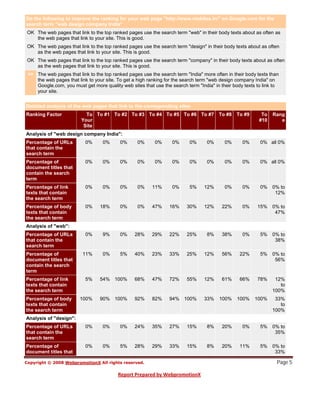 Do the following to improve the ranking for your web page "http://www.mobilex.in/" on Google.com for the
search term "web design company India"
OK The web pages that link to the top ranked pages use the search term "web" in their body texts about as often as
   the web pages that link to your site. This is good.
OK The web pages that link to the top ranked pages use the search term "design" in their body texts about as often
   as the web pages that link to your site. This is good.
OK The web pages that link to the top ranked pages use the search term "company" in their body texts about as often
   as the web pages that link to your site. This is good.
>> The web pages that link to the top ranked pages use the search term "India" more often in their body texts than
   the web pages that link to your site. To get a high ranking for the search term "web design company India" on
   Google.com, you must get more quality web sites that use the search term "India" in their body texts to link to
   your site.


Detailed analysis of the web pages that link to the corresponding sites
Ranking Factor            To To #1 To #2 To #3 To #4 To #5 To #6 To #7                To #8   To #9       To   Rang
                        Your                                                                             #10      e
                         Site
Analysis of "web design company India":
Percentage of URLs        0%      0%      0%     0%      0%      0%      0%      0%      0%      0%      0% all 0%
that contain the
search term
Percentage of             0%      0%      0%     0%      0%      0%      0%      0%      0%      0%      0% all 0%
document titles that
contain the search
term
Percentage of link        0%      0%      0%     0%     11%      0%      5%     12%      0%      0%      0%    0% to
texts that contain                                                                                              12%
the search term
Percentage of body        0%    18%       0%     0%     47%     16%     30%     12%     22%      0%     15%    0% to
texts that contain                                                                                              47%
the search term
Analysis of "web":
Percentage of URLs        0%      9%      0%    28%     29%     22%     25%      8%     38%      0%      5%    0% to
that contain the                                                                                                38%
search term
Percentage of            11%      0%      5%    40%     23%     33%     25%     12%     56%     22%      5%    0% to
document titles that                                                                                            56%
contain the search
term
Percentage of link        5%    54% 100%        68%     47%     72%     55%     12%     61%     66%     78%     12%
texts that contain                                                                                                to
the search term                                                                                                100%
Percentage of body      100%    90% 100%        92%     82%     94% 100%        33%   100%     100%    100%     33%
texts that contain                                                                                                to
the search term                                                                                                100%
Analysis of "design":
Percentage of URLs        0%      0%      0%    24%     35%     27%     15%      8%     20%      0%      5%    0% to
that contain the                                                                                                35%
search term
Percentage of             0%      0%      5%    28%     29%     33%     15%      8%     20%     11%      5%    0% to


                                                                                                                 Page 5
document titles that                                                                                            33%
 