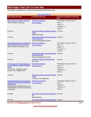 Web Pages That Link To Your Site
The following web pages are a sample of the web pages that link to your site.


Sample web pages that link to your web site "http://www.mobilex.in/"
URL & document title                   Link URL & link text                     Number of keywords in the body
                                                                                text
http://biz-whiz.com/article1389.html   http://www.mobilex.in                    "web design company India": 0
What is Affiliate marketing?           www.mobilex.in                           "web": 3
                                                                                "design": 0
                                                                                "company": 2
                                                                                "India": 0
as above                               http://www.mobilex.in/affiliate-marketin as above
                                       g.html
                                       Affiliate Marketing
as above                               http://www.mobilex.in/scheme-manage as above
                                       ment-system.html
                                       Scheme Management System
http://bloggingknowhow.com/search-e http://www.mobilex.in                       "web design company India": 0
ngine-optimization-tools-a426.html  www.mobilex.in                              "web": 19
Search Engine Optimization Tools                                                "design": 0
                                                                                "company": 1
                                                                                "India": 0
as above                               http://www.mobilex.in/scheme-manage as above
                                       ment-system.html
                                       Scheme Management System
as above                               http://www.mobilex.in/seo-tools.html     as above
                                       Seo Tools
http://pr-gb.com/index.php?option=co   http://www.mobilex.in                    "web design company India": 0
m_content&task=view&id=23766&Ite       www.mobilex.in                           "web": 24
mid=9
                                                                                "design": 2
PR-GB.com... News from origin -
                                                                                "company": 0
Increase On-line Web Traffic
                                                                                "India": 0

as above                               http://www.mobilex.in/online-web-traffi as above
                                       c.html
                                       Increase on-line web traffic
http://teasastipstechniques.blogspot.c http://www.mobilex.in/                   "web design company India": 0
om/2007/12/online-blog-marketing-by- www.mobilex.in                             "web": 6
sandeep.html
                                                                                "design": 4
TEASA'S BLOG MARKETING TIPS &
                                                                                "company": 0
TECHNIQUES: Online Blog Marketing
by Sandeep                                                                      "India": 0


as above                               http://www.mobilex.in/blog-marketing.h as above
                                       tml
                                       Blog Marketing


                                                                                                                 Page 7
as above                               http://www.mobilex.in/scheme-manage as above
 