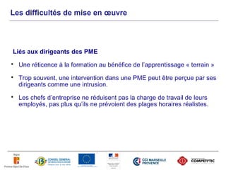 Les difficultés de mise en œuvre




Liés aux dirigeants des PME
   Une réticence à la formation au bénéfice de l’apprentissage « terrain »
   Trop souvent, une intervention dans une PME peut être perçue par ses
    dirigeants comme une intrusion.
   Les chefs d’entreprise ne réduisent pas la charge de travail de leurs
    employés, pas plus qu’ils ne prévoient des plages horaires réalistes.
 