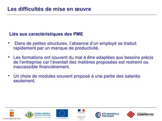 Les difficultés de mise en œuvre



Liés aux caractéristiques des PME
    Dans de petites structures, l’absence d’un employé se traduit
    rapidement par un manque de productivité.
   Les formations ont souvent du mal à être adaptées aux besoins précis
    de l’entreprise car l’éventail des matières proposées est restreint ou
    inaccessible financièrement.
   Un choix de modules souvent proposé à une partie des salariés
    seulement.
 