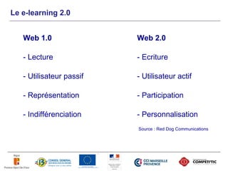 Le e-learning 2.0


   Web 1.0                Web 2.0

   - Lecture              - Ecriture

   - Utilisateur passif   - Utilisateur actif

   - Représentation       - Participation

   - Indifférenciation    - Personnalisation
                          Source : Red Dog Communications
 