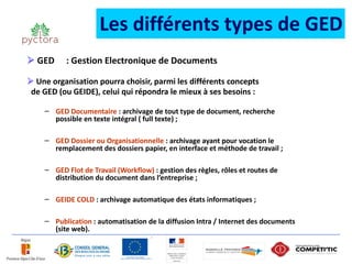 Les différents types de GED
 GED     : Gestion Electronique de Documents

 Une organisation pourra choisir, parmi les différents concepts
 de GED (ou GEIDE), celui qui répondra le mieux à ses besoins :

    – GED Documentaire : archivage de tout type de document, recherche
      possible en texte intégral ( full texte) ;

    – GED Dossier ou Organisationnelle : archivage ayant pour vocation le
      remplacement des dossiers papier, en interface et méthode de travail ;

    – GED Flot de Travail (Workflow) : gestion des règles, rôles et routes de
      distribution du document dans l’entreprise ;

    – GEIDE COLD : archivage automatique des états informatiques ;

    – Publication : automatisation de la diffusion Intra / Internet des documents
      (site web).
 