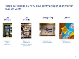 32
Focus sur l’usage du NFC pour communiquer et animer un
point de vente
Obtenir de
l’information
produits en faisant
ses courses
Regarder un
spot
publicitaire
Récupérer un
bon de réduction
Participez à un
jeu concours
La PLVLe cooponingLes
produits
Les
affiches
 