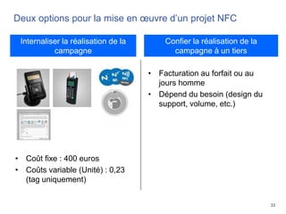 33
Deux options pour la mise en œuvre d’un projet NFC
• Facturation au forfait ou au
jours homme
• Dépend du besoin (design du
support, volume, etc.)
• Coût fixe : 400 euros
• Coûts variable (Unité) : 0,23
(tag uniquement)
Internaliser la réalisation de la
campagne
Confier la réalisation de la
campagne à un tiers
 