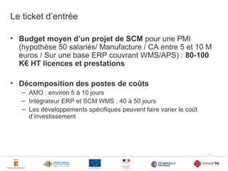 Le ticket d’entrée
• Budget moyen d’un projet de SCM pour une PMI
(hypothèse 50 salariés/ Manufacture / CA entre 5 et 10 M
euros / Sur une base ERP couvrant WMS/APS) : 80-100
K€ HT licences et prestations
• Décomposition des postes de coûts
– AMO : environ 5 à 10 jours
– Intégrateur ERP et SCM WMS : 40 à 50 jours
– Les développements spécifiques peuvent faire varier le coût
d’investissement

16

 