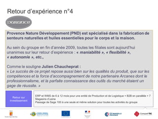Retour d’expérience n°4

Nos clients témoignent :

Retour sur
investissement

ERP et WMS de 6 à 12 mois pour une entité de Production et de Logistique + B2B en parallèle + 7
Magasins d’usine
Passage de Sage 100 à une seule et même solution pour toutes les activités du groupe

20

 