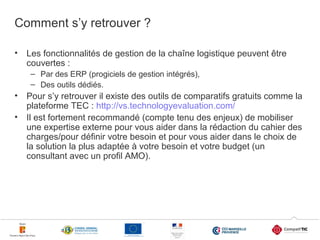 Comment s’y retrouver ?
•

Les fonctionnalités de gestion de la chaîne logistique peuvent être
couvertes :
– Par des ERP (progiciels de gestion intégrés),
– Des outils dédiés.

•
•

Pour s’y retrouver il existe des outils de comparatifs gratuits comme la
plateforme TEC : http://vs.technologyevaluation.com/
Il est fortement recommandé (compte tenu des enjeux) de mobiliser
une expertise externe pour vous aider dans la rédaction du cahier des
charges/pour définir votre besoin et pour vous aider dans le choix de
la solution la plus adaptée à votre besoin et votre budget (un
consultant avec un profil AMO).

8

 