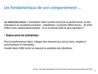 15
Le client est miroir. L'orientation client comme miroir de la performance, et ses
indicateurs en constante évolution : satisfaction, Customer Effort Score… Et enfin,
l'effet miroir collaborateurs/clients : et si ce dernier était le plus important ?
Enjeux pour les entreprises :
Pour la performance client, intégrer des mesures qui ont du sens, simples à
communiquer et motivantes.
Investir dans l’effet miroir et mesurer la symétrie des attentions.
Les fondamentaux de son comportement …
Source : http://www.sensduclient.com/2014/01/les-10-tendances-de-la-relation-client.html
 