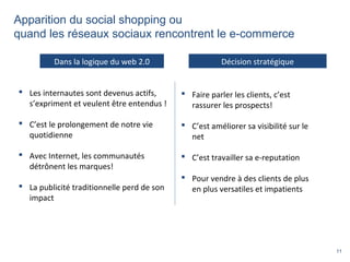 11
Décision stratégique
 Les internautes sont devenus actifs,
s’expriment et veulent être entendus !
 C’est le prolongement de notre vie
quotidienne
 Avec Internet, les communautés
détrônent les marques!
 La publicité traditionnelle perd de son
impact
 Faire parler les clients, c’est
rassurer les prospects!
 C’est améliorer sa visibilité sur le
net
 C’est travailler sa e-reputation
 Pour vendre à des clients de plus
en plus versatiles et impatients
Dans la logique du web 2.0
Apparition du social shopping ou
quand les réseaux sociaux rencontrent le e-commerce
 