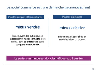 13
Le social commerce est une démarche gagnant-gagnant
Le social commerce est donc bénéfique aux 2 parties
mieux acheter
En demandant conseil ou en
recommandant un produit
mieux vendre
En déployant des outils pour se
rapprocher et mieux connaître leurs
clients, pour se différencier et en
conquérir de nouveaux
Pour les marques et les marchands Pour les internautes
 