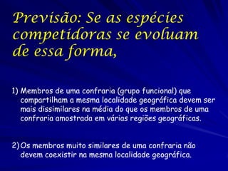 Previsão: Se as espécies
competidoras se evoluam
de essa forma,

1) Membros de uma confraria (grupo funcional) que
   compartilham a mesma localidade geográfica devem ser
   mais dissimilares na média do que os membros de uma
   confraria amostrada em várias regiões geográficas.


2) Os membros muito similares de uma confraria não
   devem coexistir na mesma localidade geográfica.
 