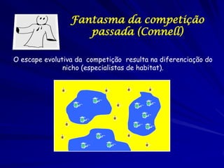 Fantasma da competição
                            passada (Connell)

O escape evolutiva da competição resulta na diferenciação do
               nicho (especialistas de habitat).


               ..                            ..                  ..              ..


                                   ..                                           ..
                         ..                                 ..        ..

                                                       ..
                                                                           ..
                              ..
                    ..                                                ..        ..
              ..                        ..                       ..

                              ..                  ..                        ..
 