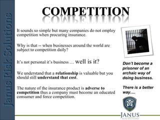 JANUS
                             Risk   Solutions


It sounds so simple but many companies do not employ
competition when procuring insurance.

Why is that -- when businesses around the world are
subject to competition daily?

It’s not personal it’s business … well   is it?         Don’t become a
                                                        prisoner of an
We understand that a relationship is valuable but you   archaic way of
should still understand that cost.                      doing business.

The nature of the insurance product is adverse to       There is a better
competition thus a company must become an educated      way….
consumer and force competition.



                   Risk Management Consulting
 